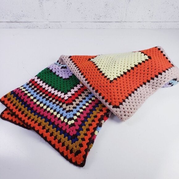 Vintage Multicolor Granny Square Knit Crocheted Afghan Throw Bedspread 68" x 83" - Picture 1 of 7